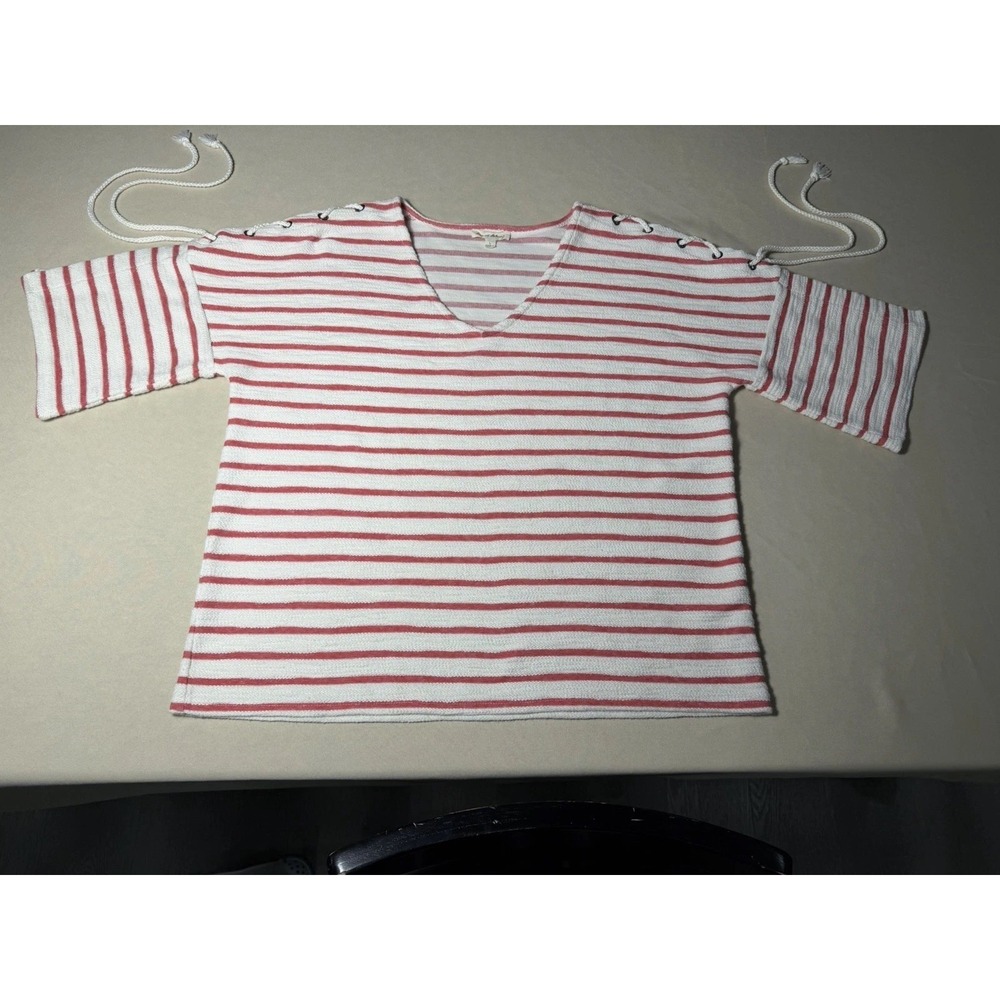 Jane Delancey Sz Large L Red White Stripe French Terry Lace Up Split Sleeve Top